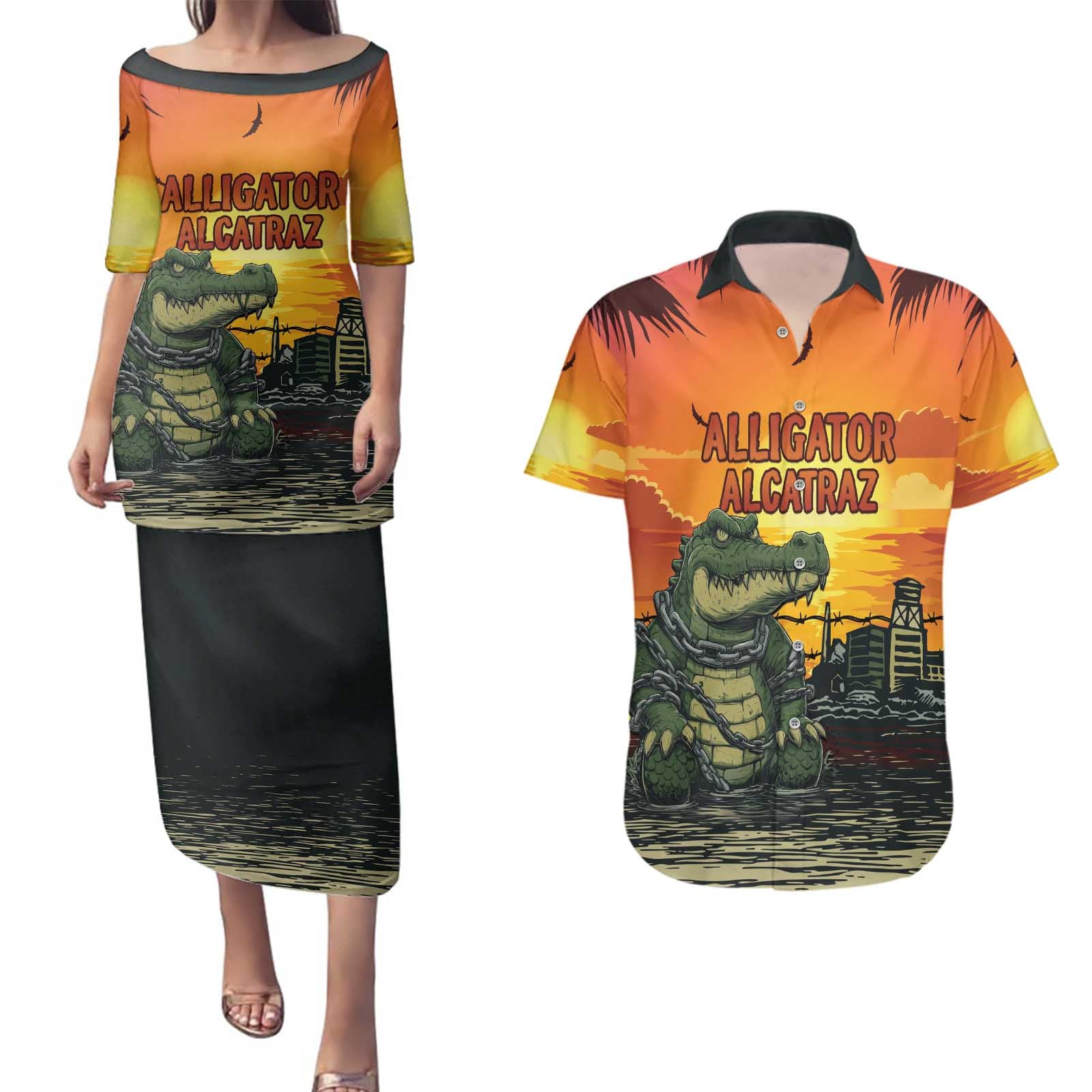Personalized Alligator Alcatraz Couples Matching Puletasi and Hawaiian Shirt Gator Island Prison Retro Sunset - Wonder Print Shop