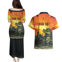 Personalized Alligator Alcatraz Couples Matching Puletasi and Hawaiian Shirt Gator Island Prison Retro Sunset - Wonder Print Shop