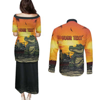 Personalized Alligator Alcatraz Couples Matching Puletasi and Long Sleeve Button Shirt Gator Island Prison Retro Sunset - Wonder Print Shop