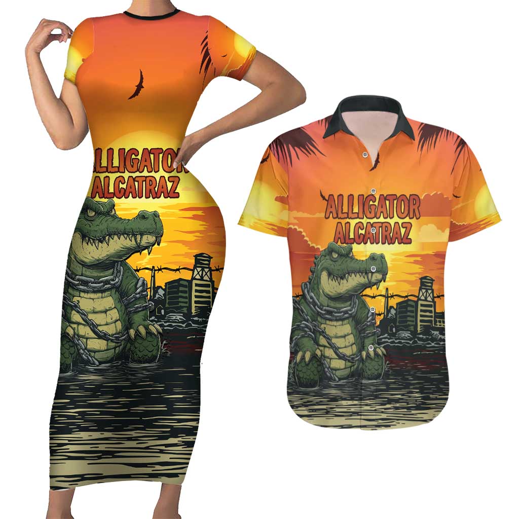 Personalized Alligator Alcatraz Couples Matching Short Sleeve Bodycon Dress and Hawaiian Shirt Gator Island Prison Retro Sunset - Wonder Print Shop