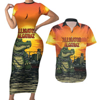 Personalized Alligator Alcatraz Couples Matching Short Sleeve Bodycon Dress and Hawaiian Shirt Gator Island Prison Retro Sunset - Wonder Print Shop