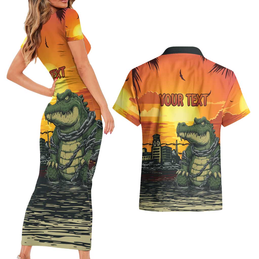 Personalized Alligator Alcatraz Couples Matching Short Sleeve Bodycon Dress and Hawaiian Shirt Gator Island Prison Retro Sunset - Wonder Print Shop