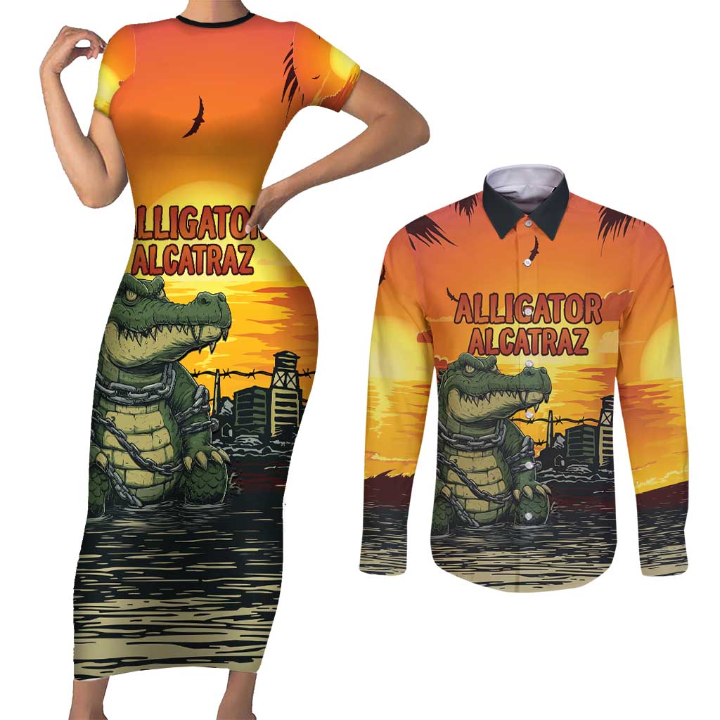 Personalized Alligator Alcatraz Couples Matching Short Sleeve Bodycon Dress and Long Sleeve Button Shirt Gator Island Prison Retro Sunset - Wonder Print Shop