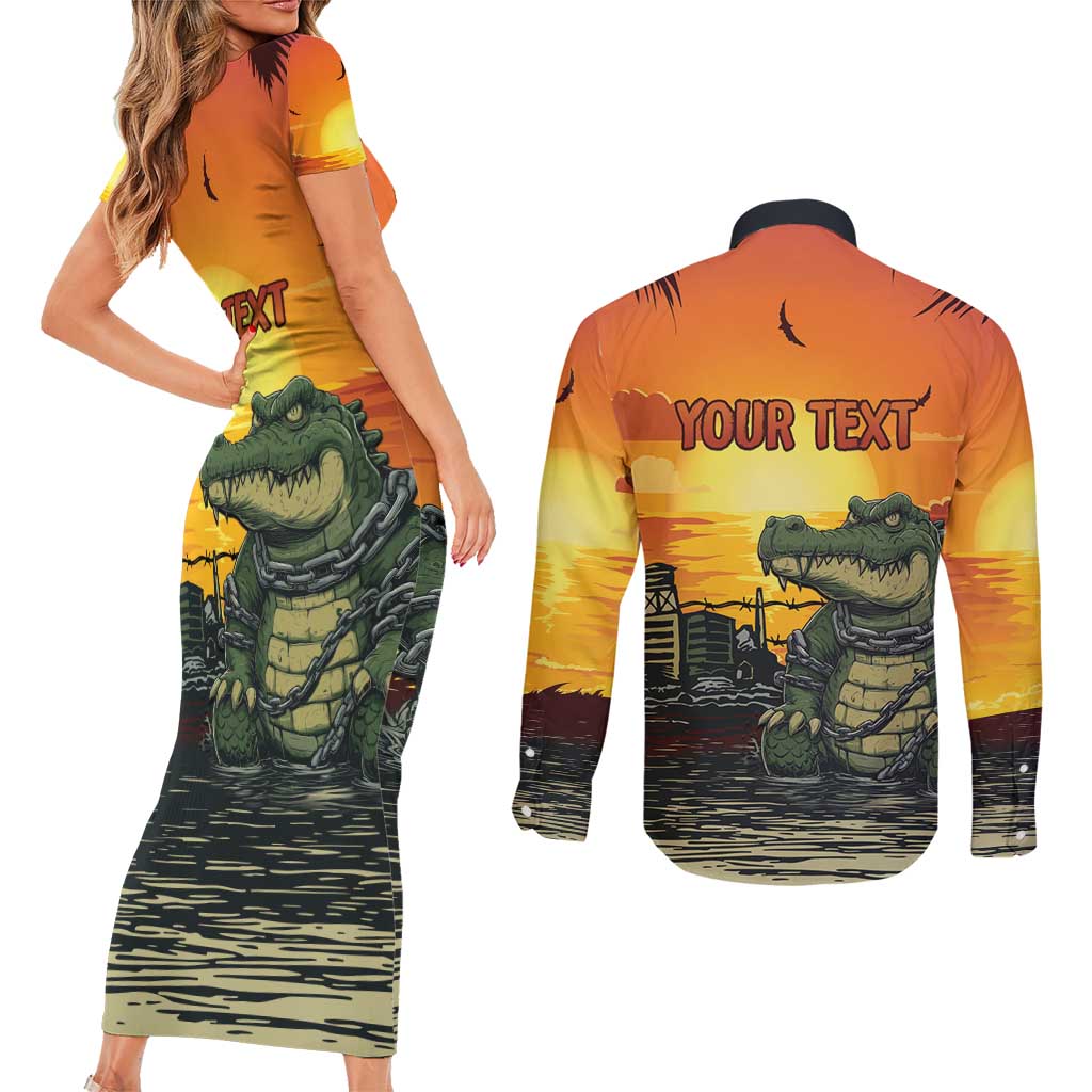 Personalized Alligator Alcatraz Couples Matching Short Sleeve Bodycon Dress and Long Sleeve Button Shirt Gator Island Prison Retro Sunset - Wonder Print Shop
