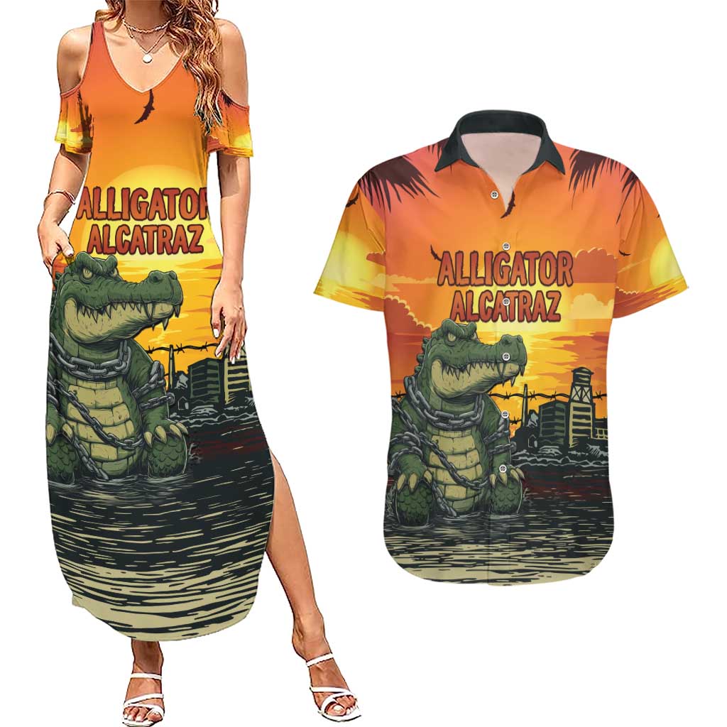 Personalized Alligator Alcatraz Couples Matching Summer Maxi Dress and Hawaiian Shirt Gator Island Prison Retro Sunset - Wonder Print Shop