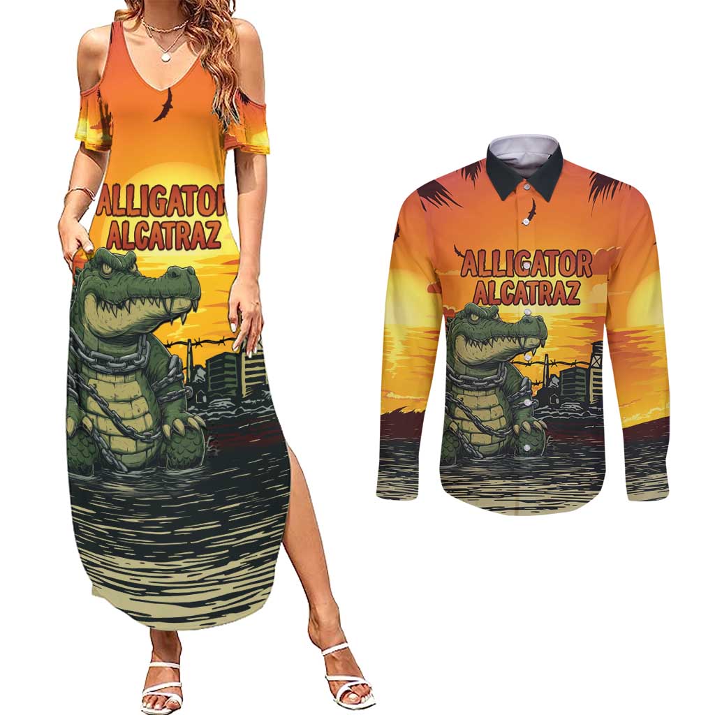 Personalized Alligator Alcatraz Couples Matching Summer Maxi Dress and Long Sleeve Button Shirt Gator Island Prison Retro Sunset - Wonder Print Shop