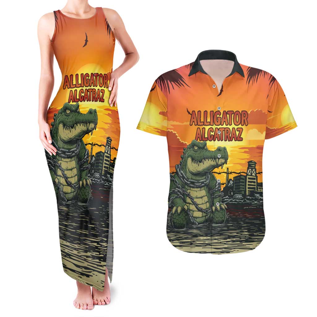 Personalized Alligator Alcatraz Couples Matching Tank Maxi Dress and Hawaiian Shirt Gator Island Prison Retro Sunset - Wonder Print Shop