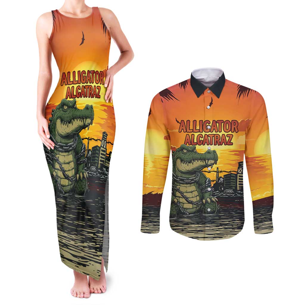 Personalized Alligator Alcatraz Couples Matching Tank Maxi Dress and Long Sleeve Button Shirt Gator Island Prison Retro Sunset - Wonder Print Shop