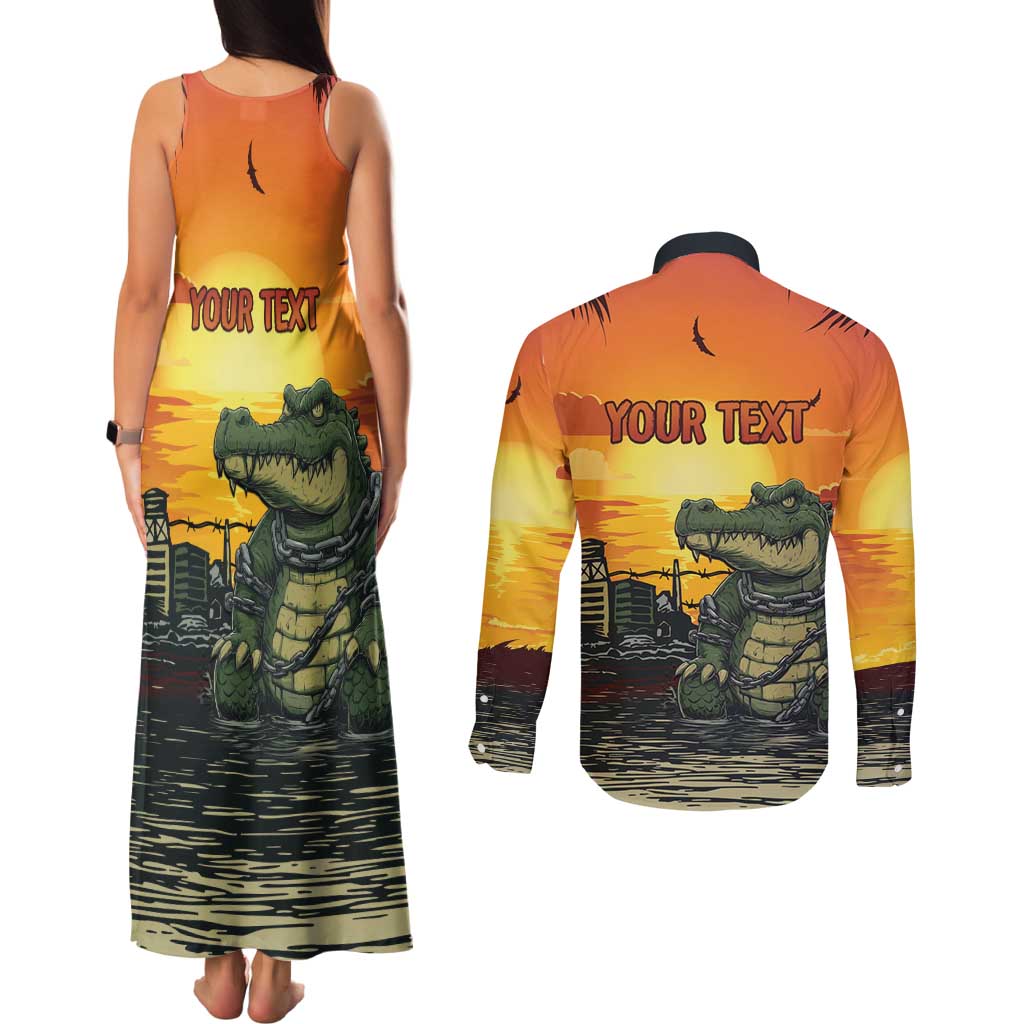 Personalized Alligator Alcatraz Couples Matching Tank Maxi Dress and Long Sleeve Button Shirt Gator Island Prison Retro Sunset - Wonder Print Shop