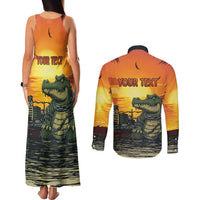 Personalized Alligator Alcatraz Couples Matching Tank Maxi Dress and Long Sleeve Button Shirt Gator Island Prison Retro Sunset - Wonder Print Shop