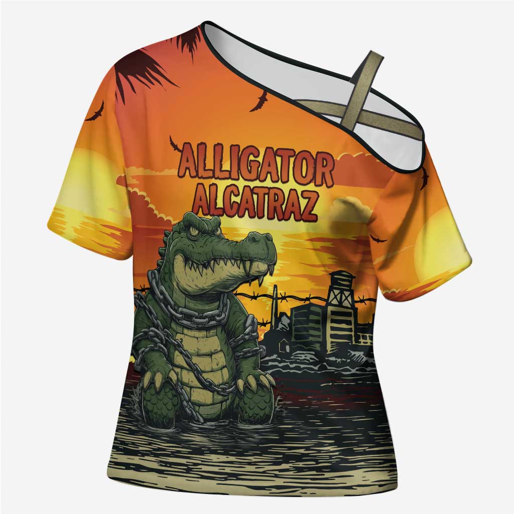 Personalized Alligator Alcatraz Cross Shoulder Shirt Gator Island Prison Retro Sunset - Wonder Print Shop