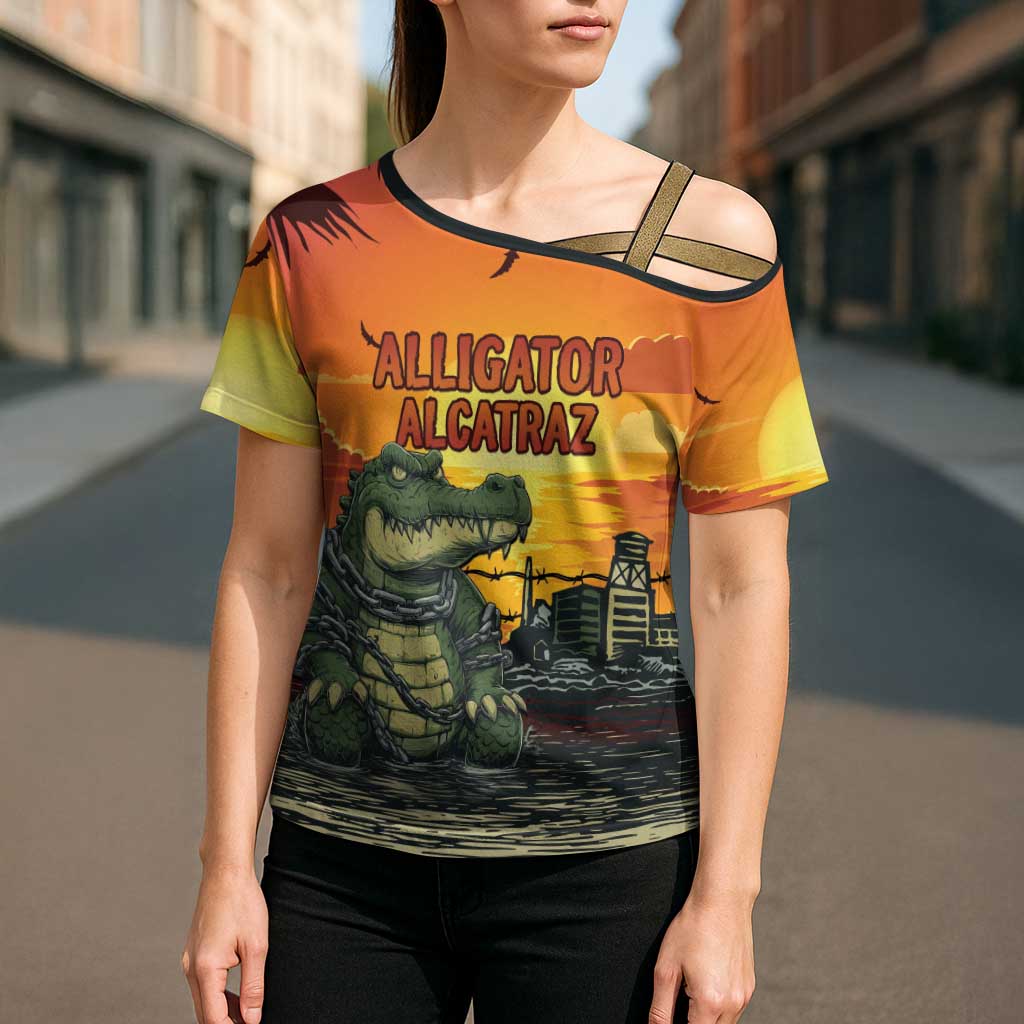 Personalized Alligator Alcatraz Cross Shoulder Shirt Gator Island Prison Retro Sunset - Wonder Print Shop