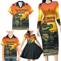 Personalized Alligator Alcatraz Family Matching Long Sleeve Bodycon Dress and Hawaiian Shirt Gator Island Prison Retro Sunset - Wonder Print Shop
