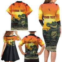 Personalized Alligator Alcatraz Family Matching Long Sleeve Bodycon Dress and Hawaiian Shirt Gator Island Prison Retro Sunset - Wonder Print Shop