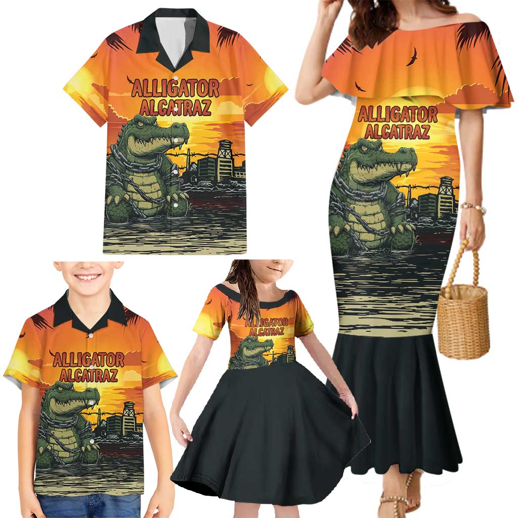 Personalized Alligator Alcatraz Family Matching Mermaid Dress and Hawaiian Shirt Gator Island Prison Retro Sunset - Wonder Print Shop
