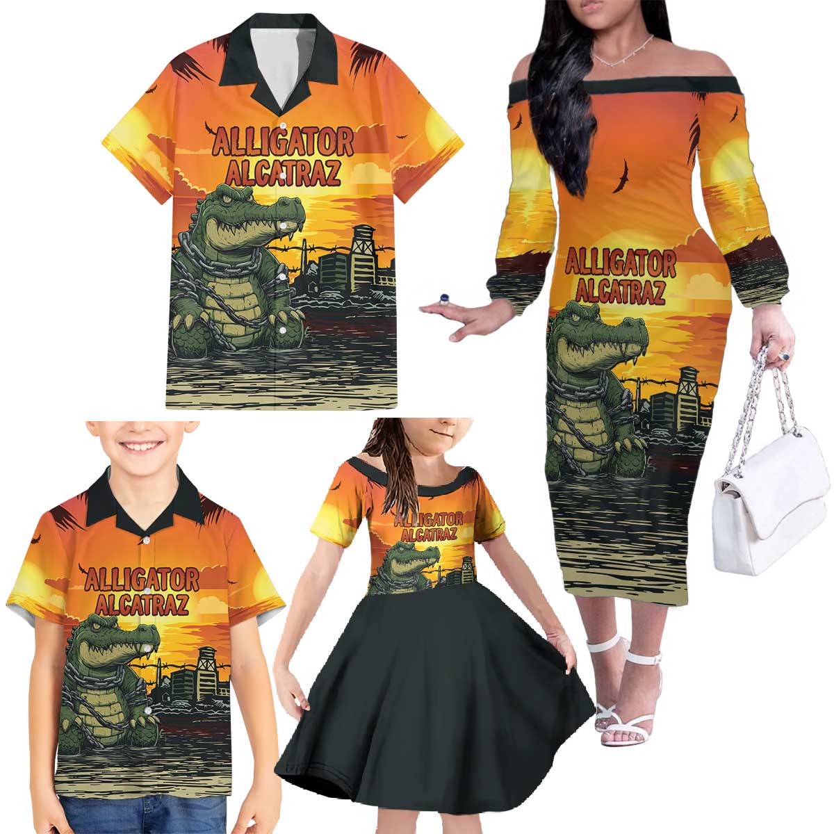 Personalized Alligator Alcatraz Family Matching Off The Shoulder Long Sleeve Dress and Hawaiian Shirt Gator Island Prison Retro Sunset - Wonder Print Shop