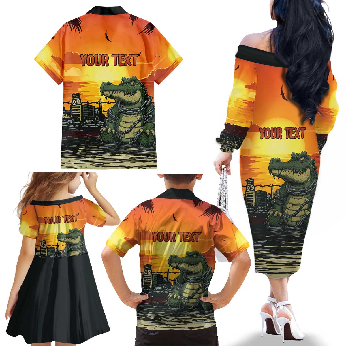 Personalized Alligator Alcatraz Family Matching Off The Shoulder Long Sleeve Dress and Hawaiian Shirt Gator Island Prison Retro Sunset - Wonder Print Shop