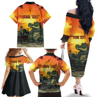 Personalized Alligator Alcatraz Family Matching Off The Shoulder Long Sleeve Dress and Hawaiian Shirt Gator Island Prison Retro Sunset - Wonder Print Shop