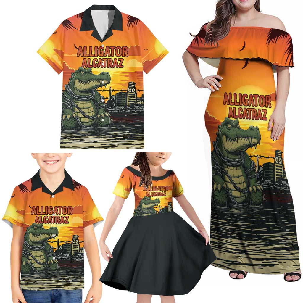 Personalized Alligator Alcatraz Family Matching Off Shoulder Maxi Dress and Hawaiian Shirt Gator Island Prison Retro Sunset - Wonder Print Shop