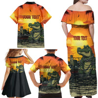 Personalized Alligator Alcatraz Family Matching Off Shoulder Maxi Dress and Hawaiian Shirt Gator Island Prison Retro Sunset - Wonder Print Shop