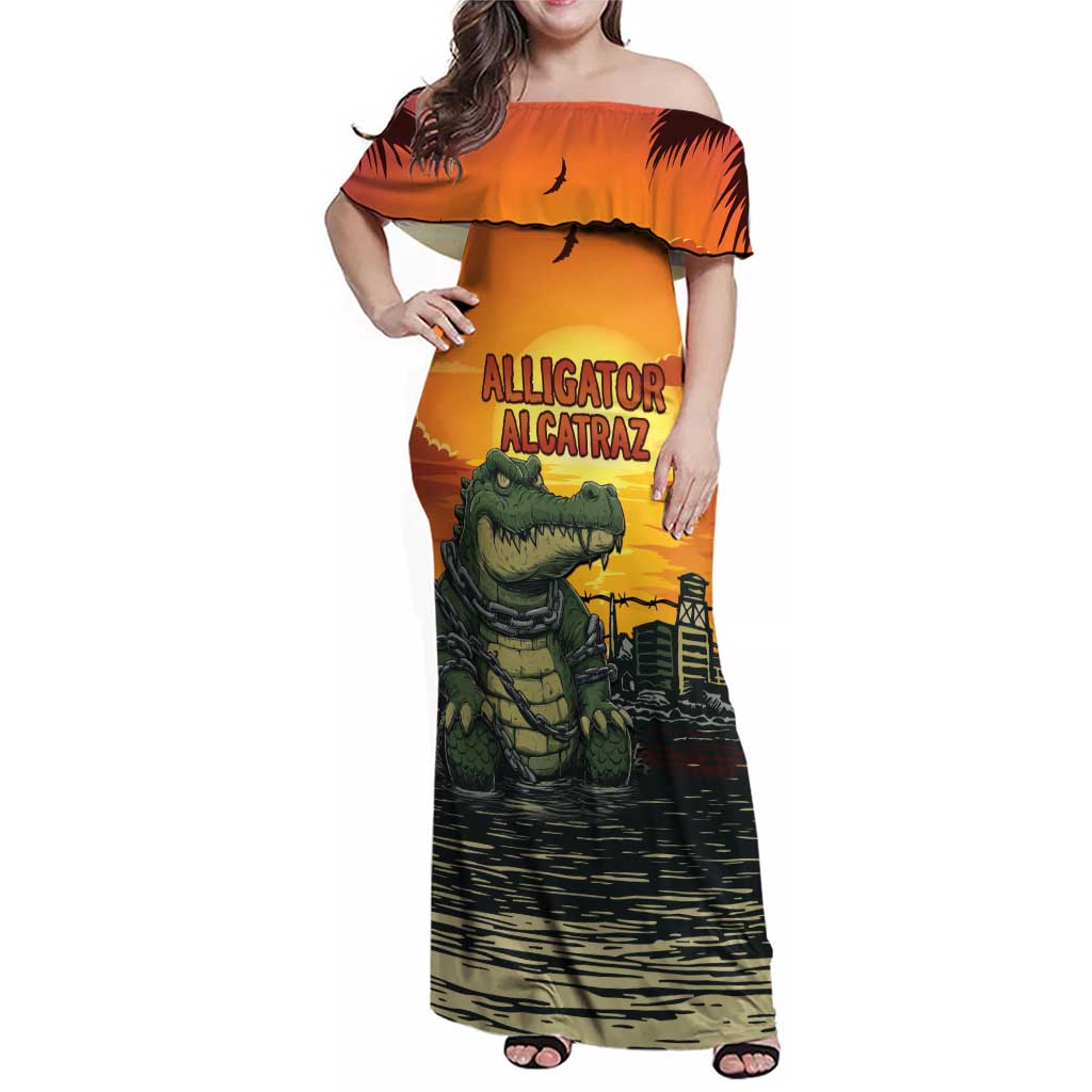 Personalized Alligator Alcatraz Family Matching Off Shoulder Maxi Dress and Hawaiian Shirt Gator Island Prison Retro Sunset - Wonder Print Shop