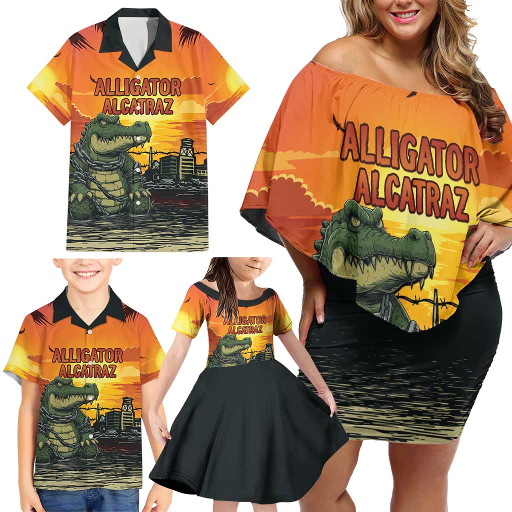Personalized Alligator Alcatraz Family Matching Off Shoulder Short Dress and Hawaiian Shirt Gator Island Prison Retro Sunset - Wonder Print Shop