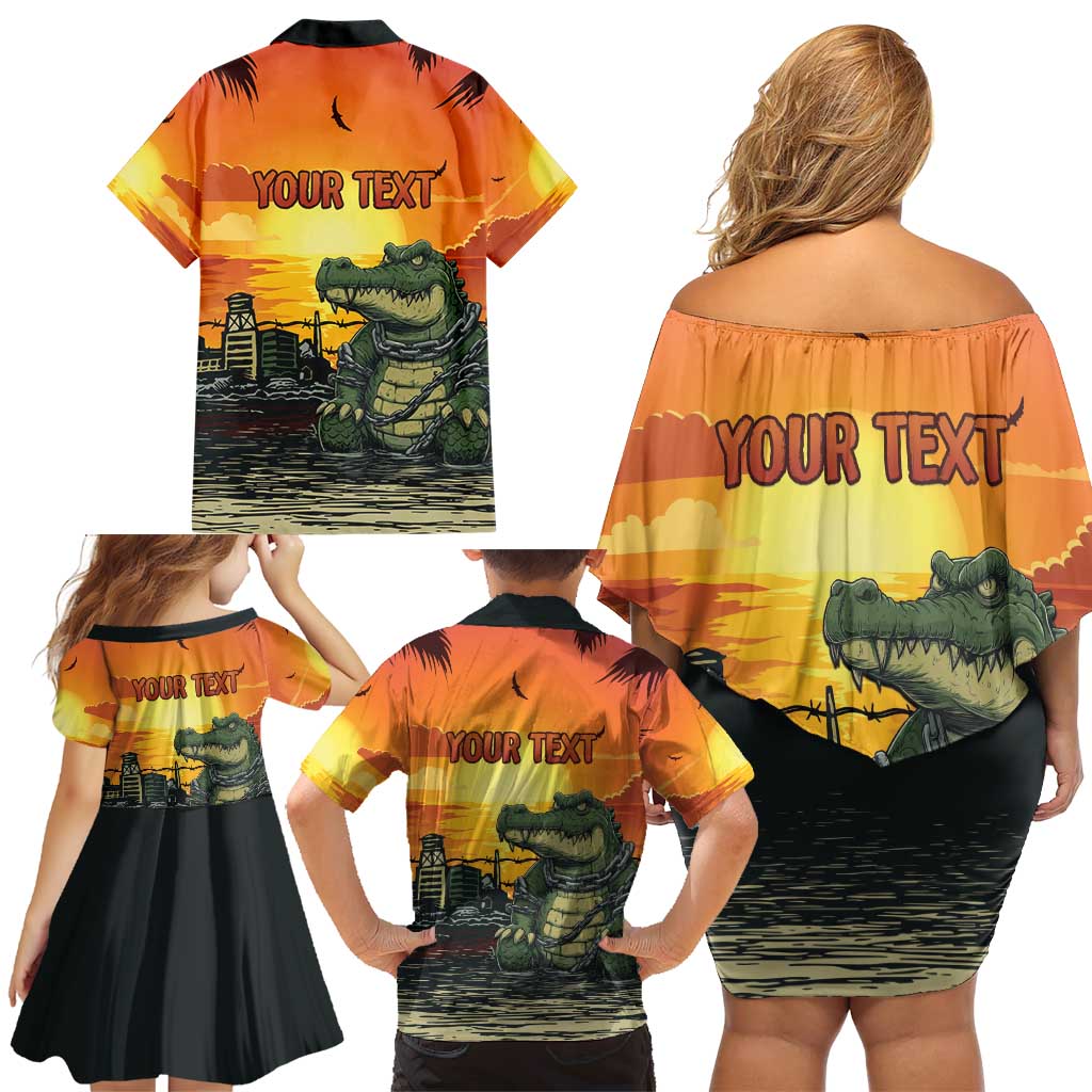 Personalized Alligator Alcatraz Family Matching Off Shoulder Short Dress and Hawaiian Shirt Gator Island Prison Retro Sunset - Wonder Print Shop