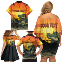 Personalized Alligator Alcatraz Family Matching Off Shoulder Short Dress and Hawaiian Shirt Gator Island Prison Retro Sunset - Wonder Print Shop