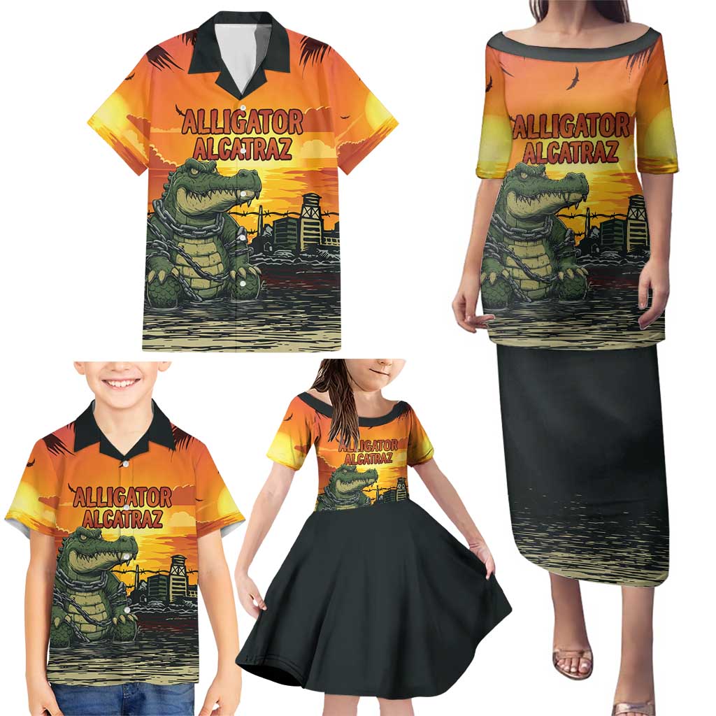Personalized Alligator Alcatraz Family Matching Puletasi and Hawaiian Shirt Gator Island Prison Retro Sunset - Wonder Print Shop
