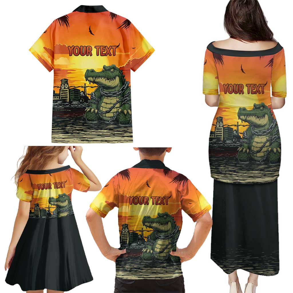 Personalized Alligator Alcatraz Family Matching Puletasi and Hawaiian Shirt Gator Island Prison Retro Sunset - Wonder Print Shop