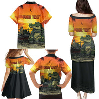 Personalized Alligator Alcatraz Family Matching Puletasi and Hawaiian Shirt Gator Island Prison Retro Sunset - Wonder Print Shop
