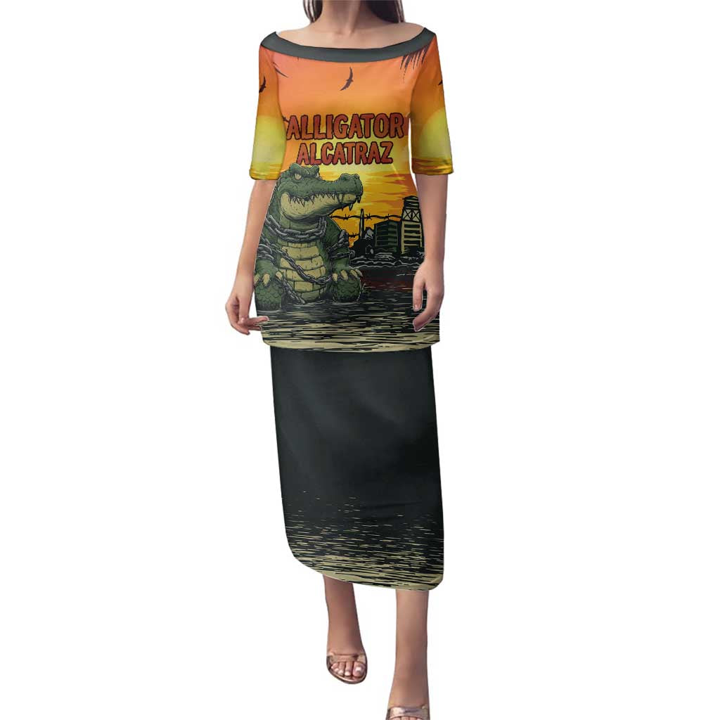 Personalized Alligator Alcatraz Family Matching Puletasi and Hawaiian Shirt Gator Island Prison Retro Sunset - Wonder Print Shop
