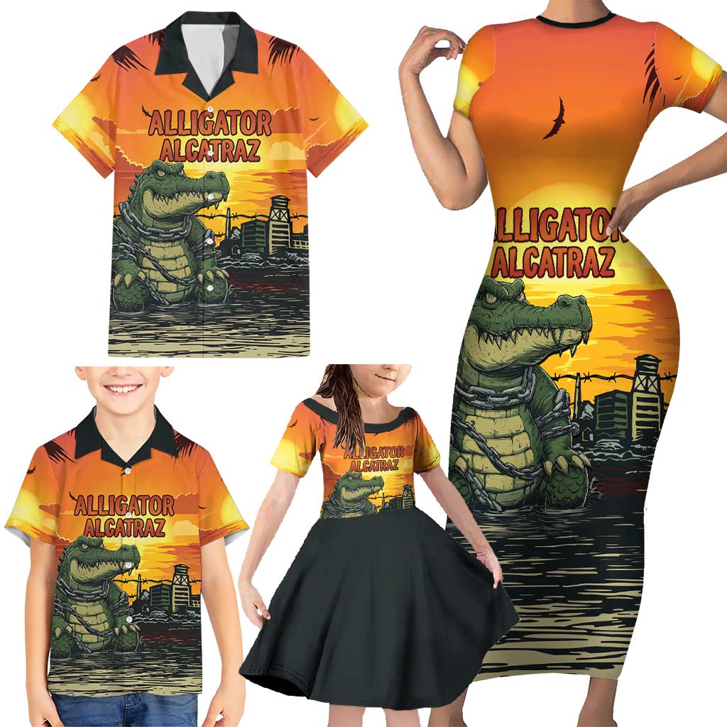 Personalized Alligator Alcatraz Family Matching Short Sleeve Bodycon Dress and Hawaiian Shirt Gator Island Prison Retro Sunset - Wonder Print Shop