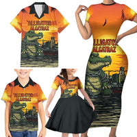 Personalized Alligator Alcatraz Family Matching Short Sleeve Bodycon Dress and Hawaiian Shirt Gator Island Prison Retro Sunset - Wonder Print Shop