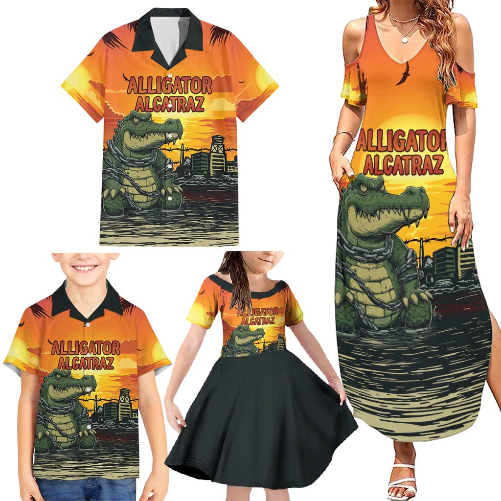 Personalized Alligator Alcatraz Family Matching Summer Maxi Dress and Hawaiian Shirt Gator Island Prison Retro Sunset - Wonder Print Shop