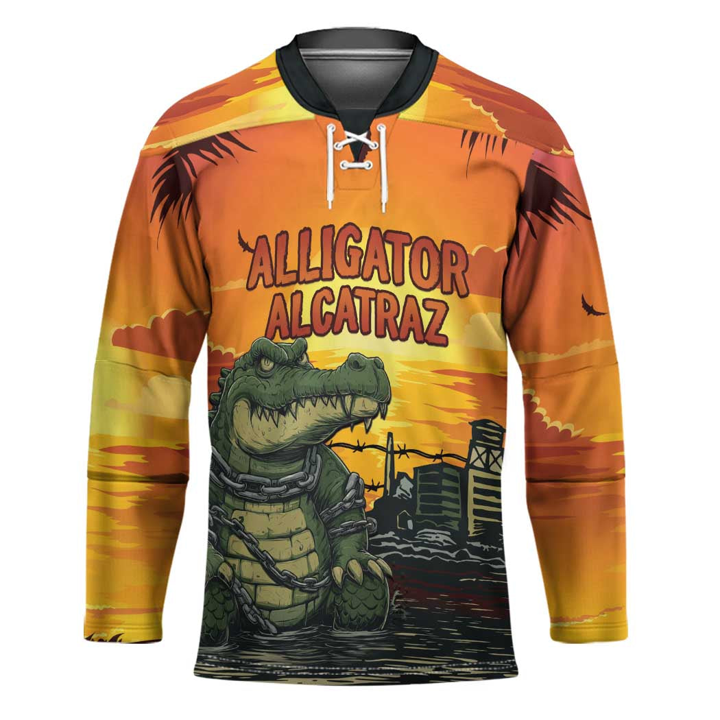 Personalized Alligator Alcatraz Hockey Jersey Gator Island Prison Retro Sunset - Wonder Print Shop