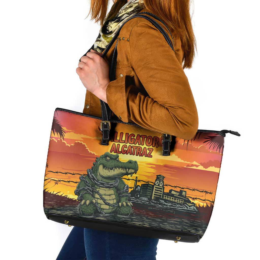 Alligator Alcatraz Leather Tote Bag Gator Island Prison Retro Sunset - Wonder Print Shop