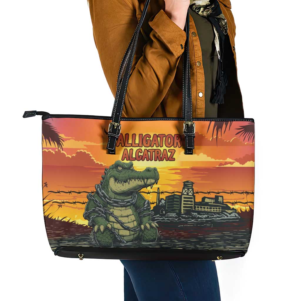 Alligator Alcatraz Leather Tote Bag Gator Island Prison Retro Sunset - Wonder Print Shop