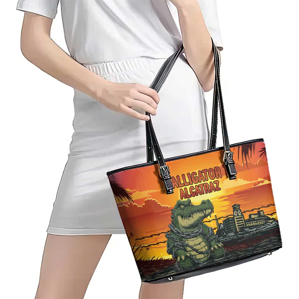 Alligator Alcatraz Leather Tote Bag Gator Island Prison Retro Sunset - Wonder Print Shop
