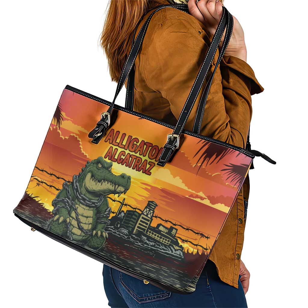 Alligator Alcatraz Leather Tote Bag Gator Island Prison Retro Sunset - Wonder Print Shop