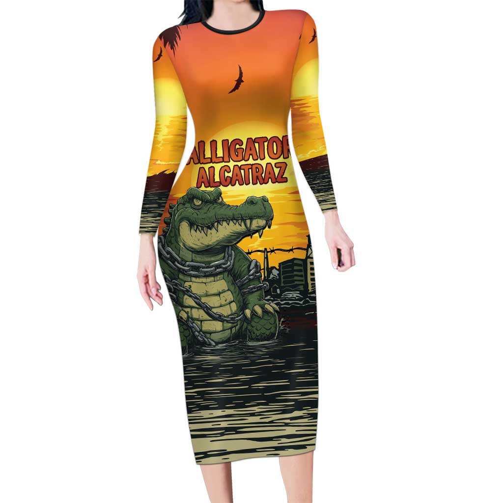 Personalized Alligator Alcatraz Long Sleeve Bodycon Dress Gator Island Prison Retro Sunset - Wonder Print Shop