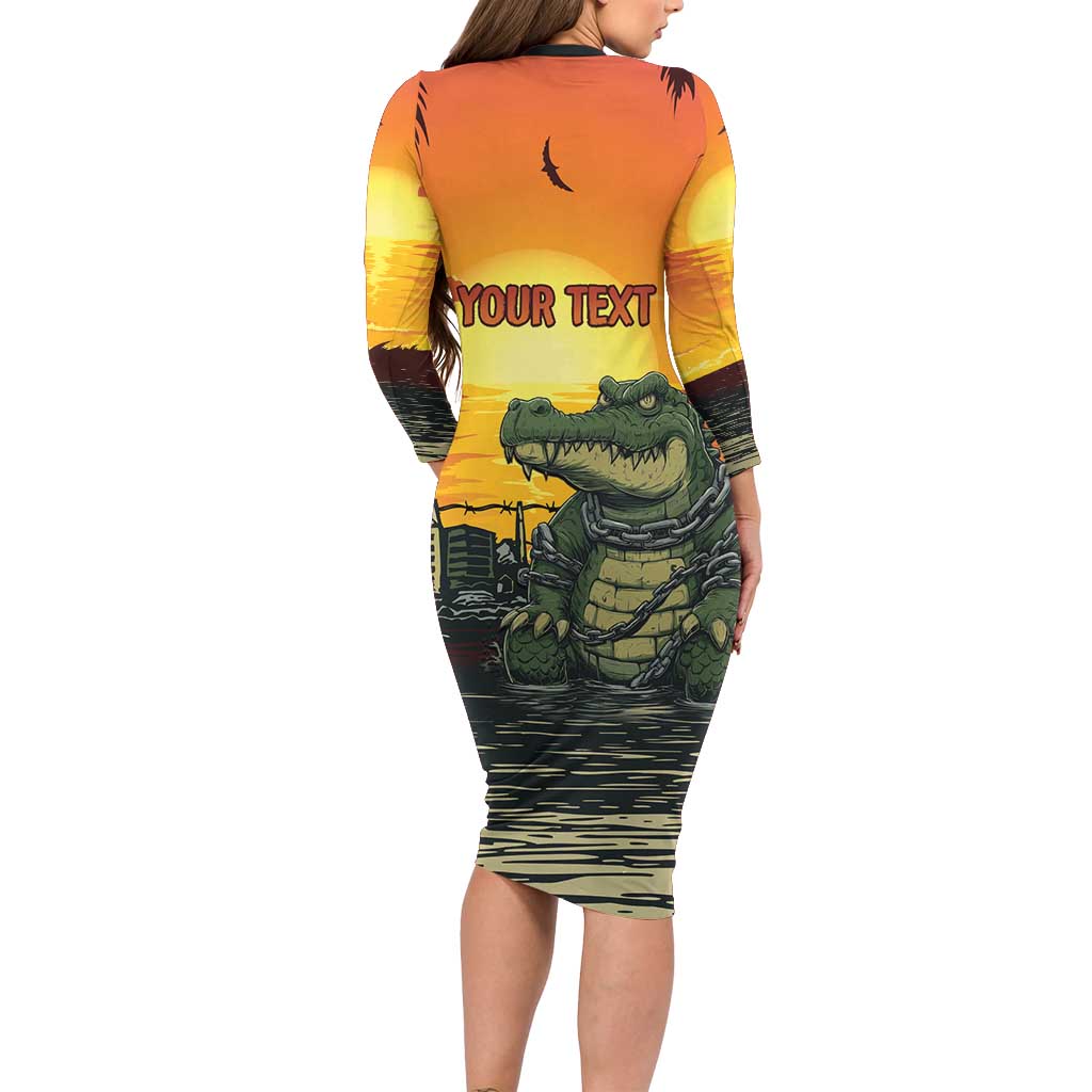 Personalized Alligator Alcatraz Long Sleeve Bodycon Dress Gator Island Prison Retro Sunset - Wonder Print Shop