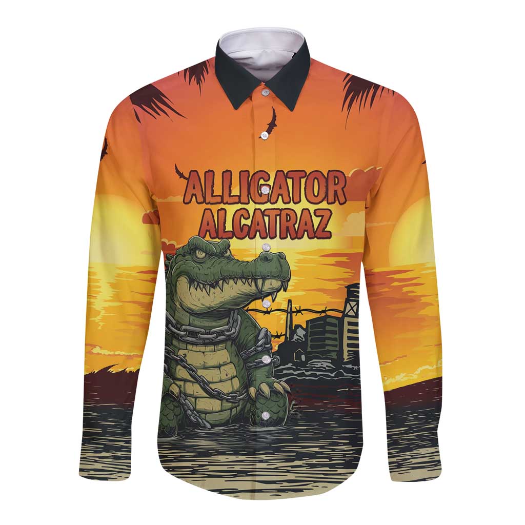 Personalized Alligator Alcatraz Long Sleeve Button Shirt Gator Island Prison Retro Sunset - Wonder Print Shop