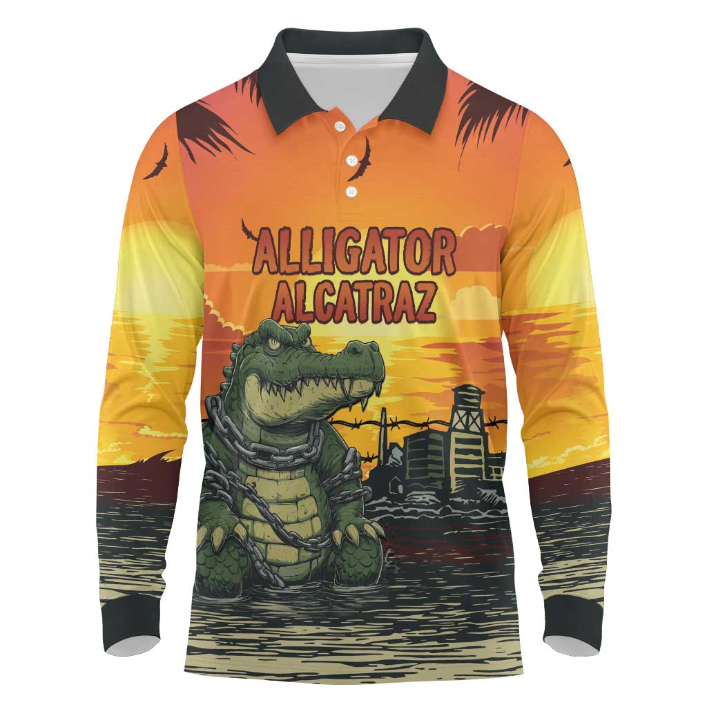Personalized Alligator Alcatraz Long Sleeve Polo Shirt Gator Island Prison Retro Sunset - Wonder Print Shop