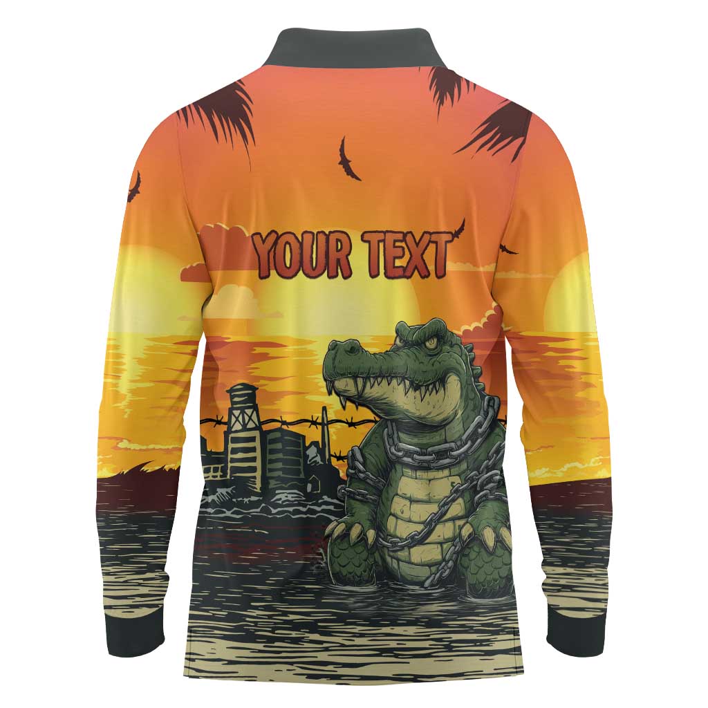 Personalized Alligator Alcatraz Long Sleeve Polo Shirt Gator Island Prison Retro Sunset - Wonder Print Shop