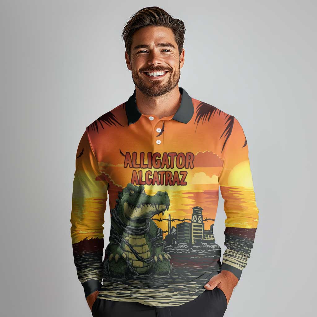 Personalized Alligator Alcatraz Long Sleeve Polo Shirt Gator Island Prison Retro Sunset - Wonder Print Shop