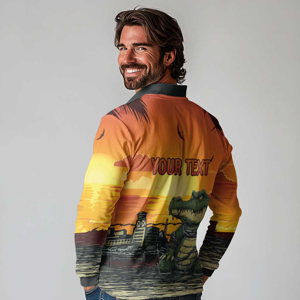 Personalized Alligator Alcatraz Long Sleeve Polo Shirt Gator Island Prison Retro Sunset - Wonder Print Shop