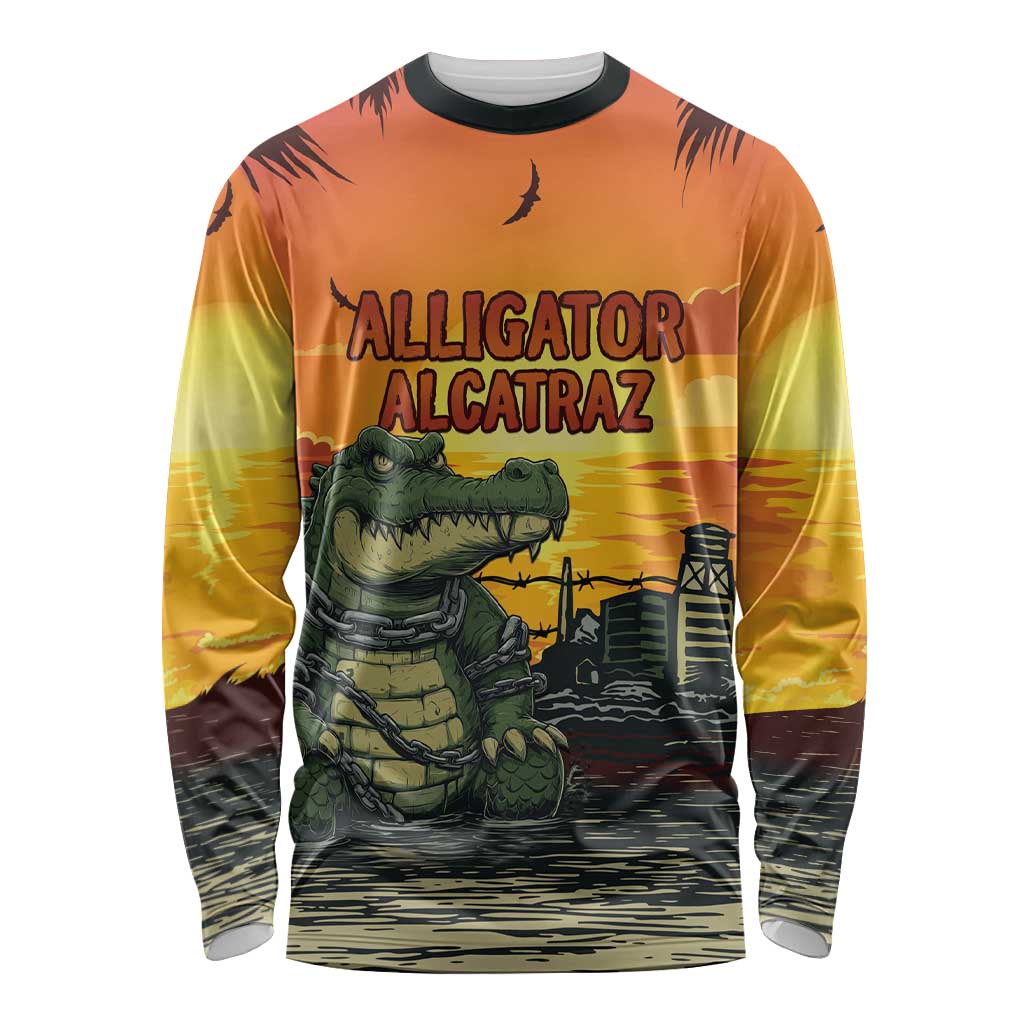 Personalized Alligator Alcatraz Long Sleeve Shirt Gator Island Prison Retro Sunset - Wonder Print Shop