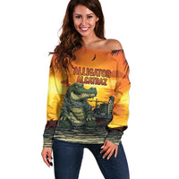 Personalized Alligator Alcatraz Off Shoulder Sweater Gator Island Prison Retro Sunset - Wonder Print Shop