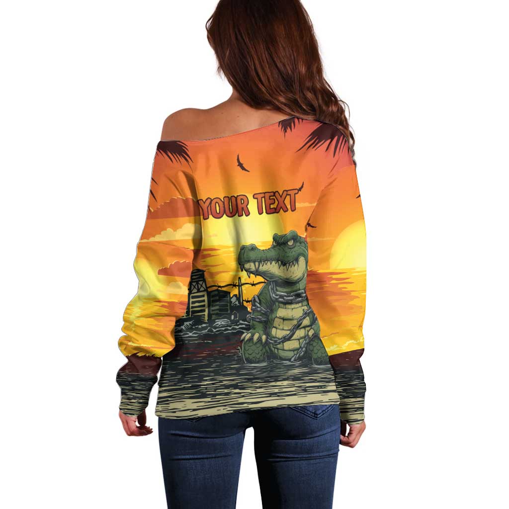 Personalized Alligator Alcatraz Off Shoulder Sweater Gator Island Prison Retro Sunset - Wonder Print Shop
